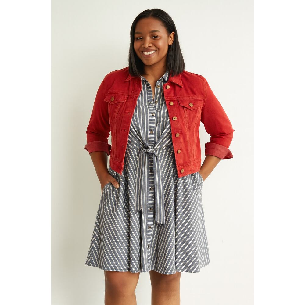 Lara Blue White Striped Button Front Dress Size L Belted Short Sleeve
